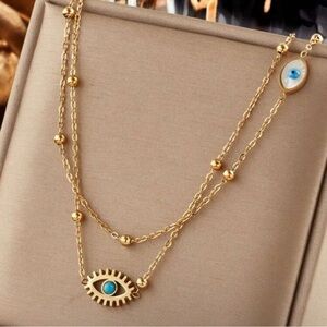 Gold Plated Stainless Steel Layered Turquoise Evil Eye Pendant Necklace